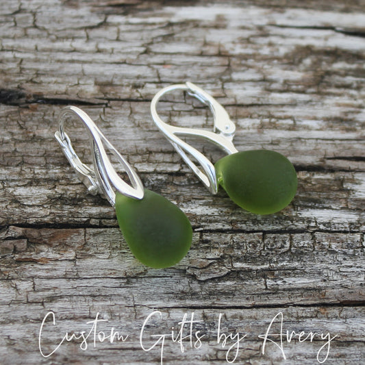 Olive Green Cultured Sea Glass & Sterling Silver Earrings