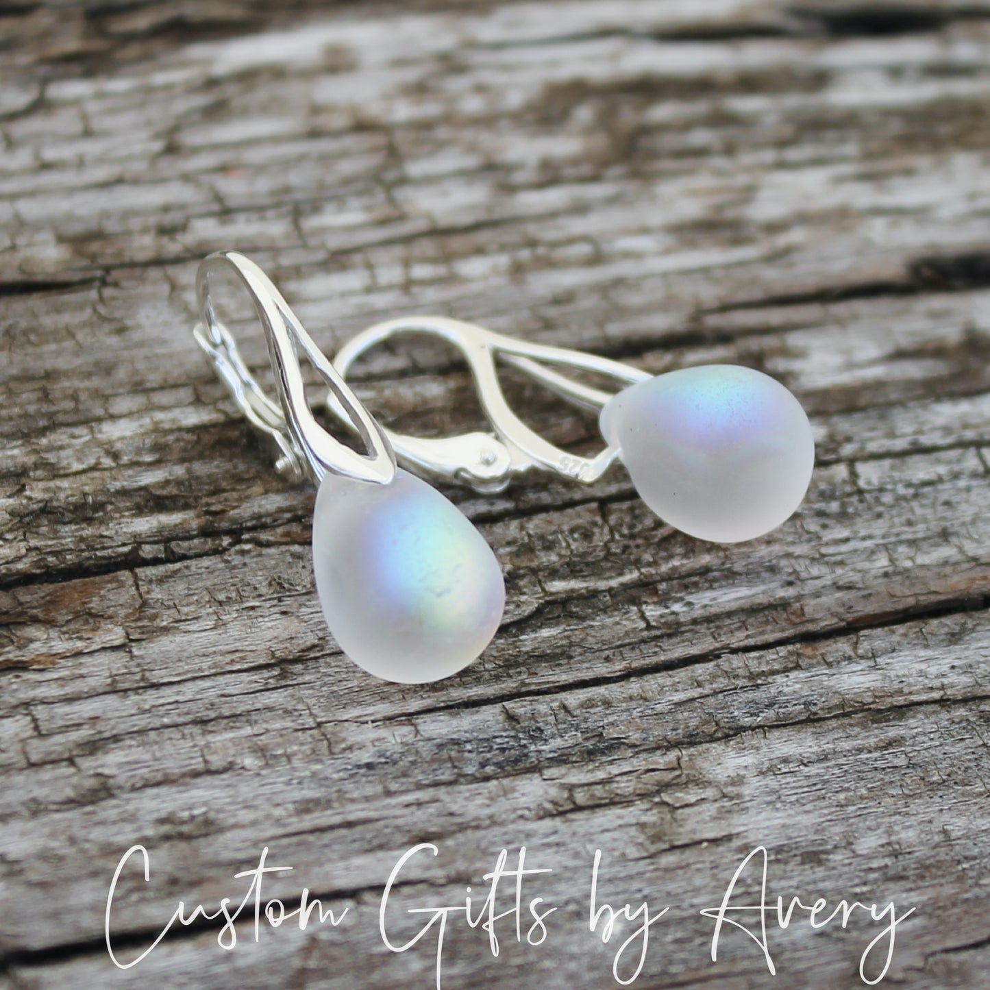 Iridescent Ice Cultured Sea Glass & Sterling Silver Teardrop Earrings