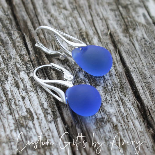 Sapphire Cultured Sea Glass & Sterling Silver Earrings