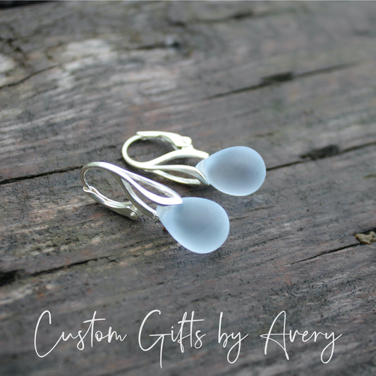 Pale Blue Cultured Sea Glass & Sterling Silver Teardrop Earrings