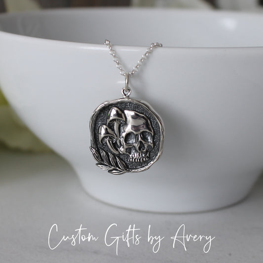 Sterling Silver Skull & Mushrooms Coin Necklace