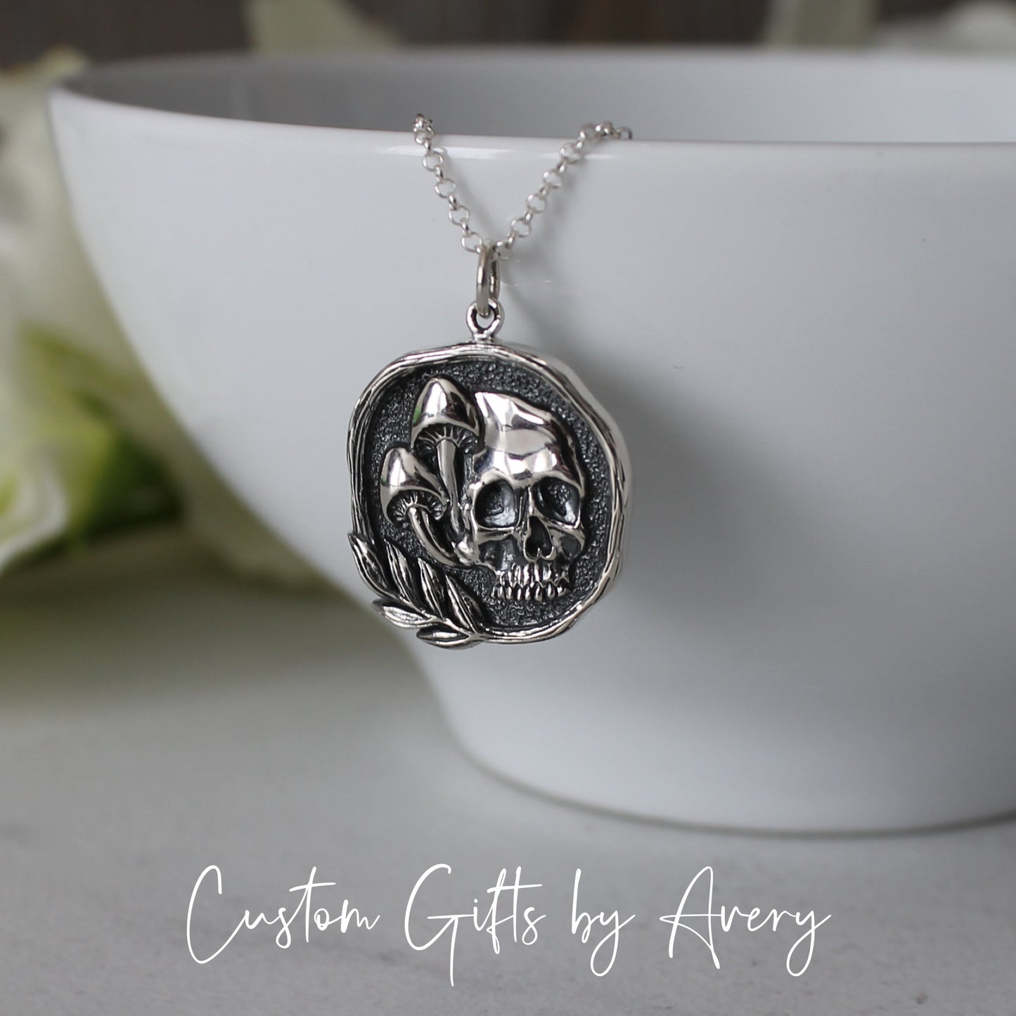 Sterling Silver Skull & Mushrooms Coin Necklace