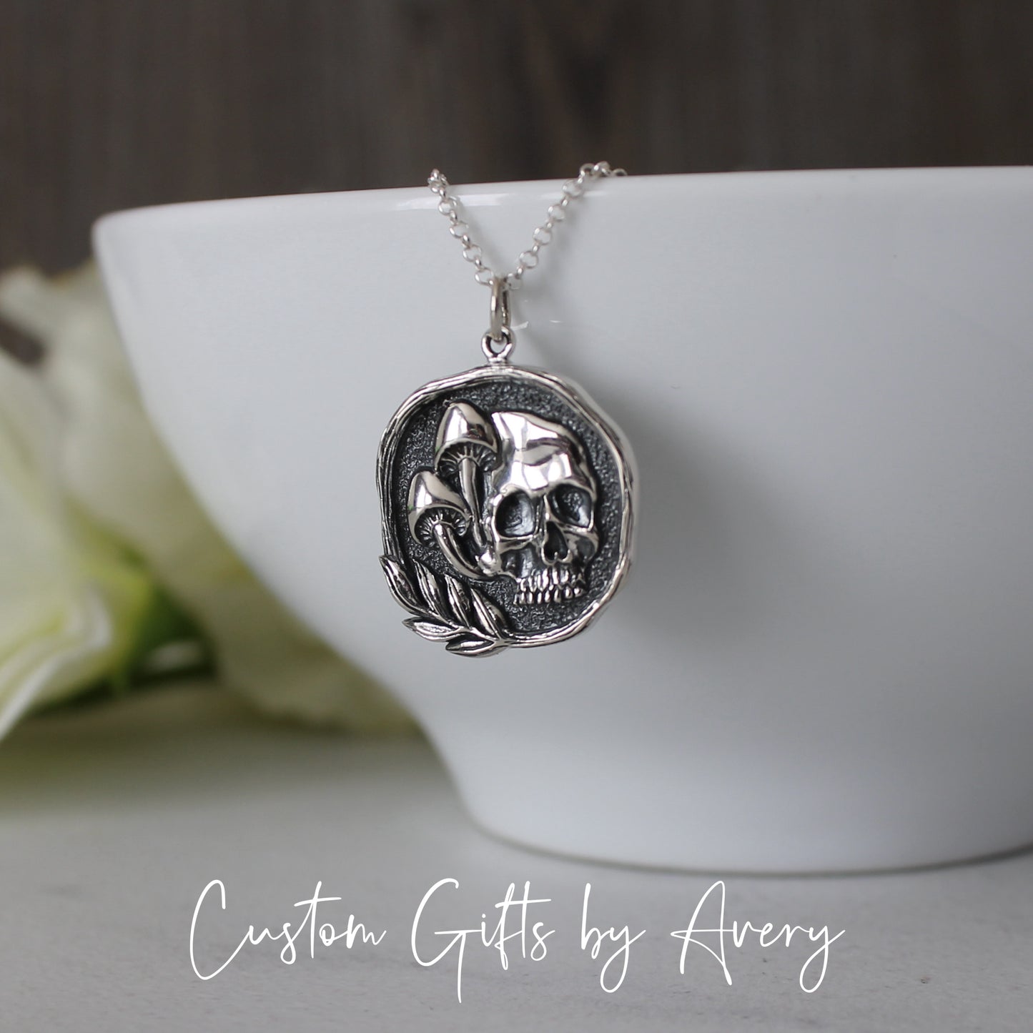 Sterling Silver Skull & Mushrooms Coin Necklace