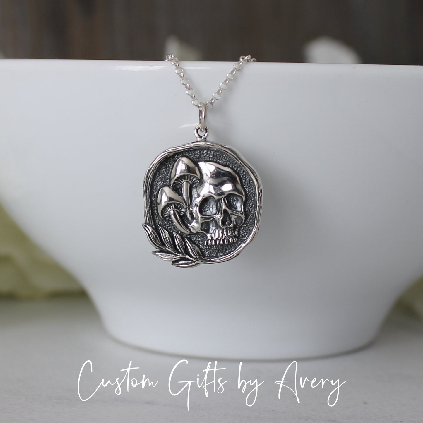 Sterling Silver Skull & Mushrooms Coin Necklace