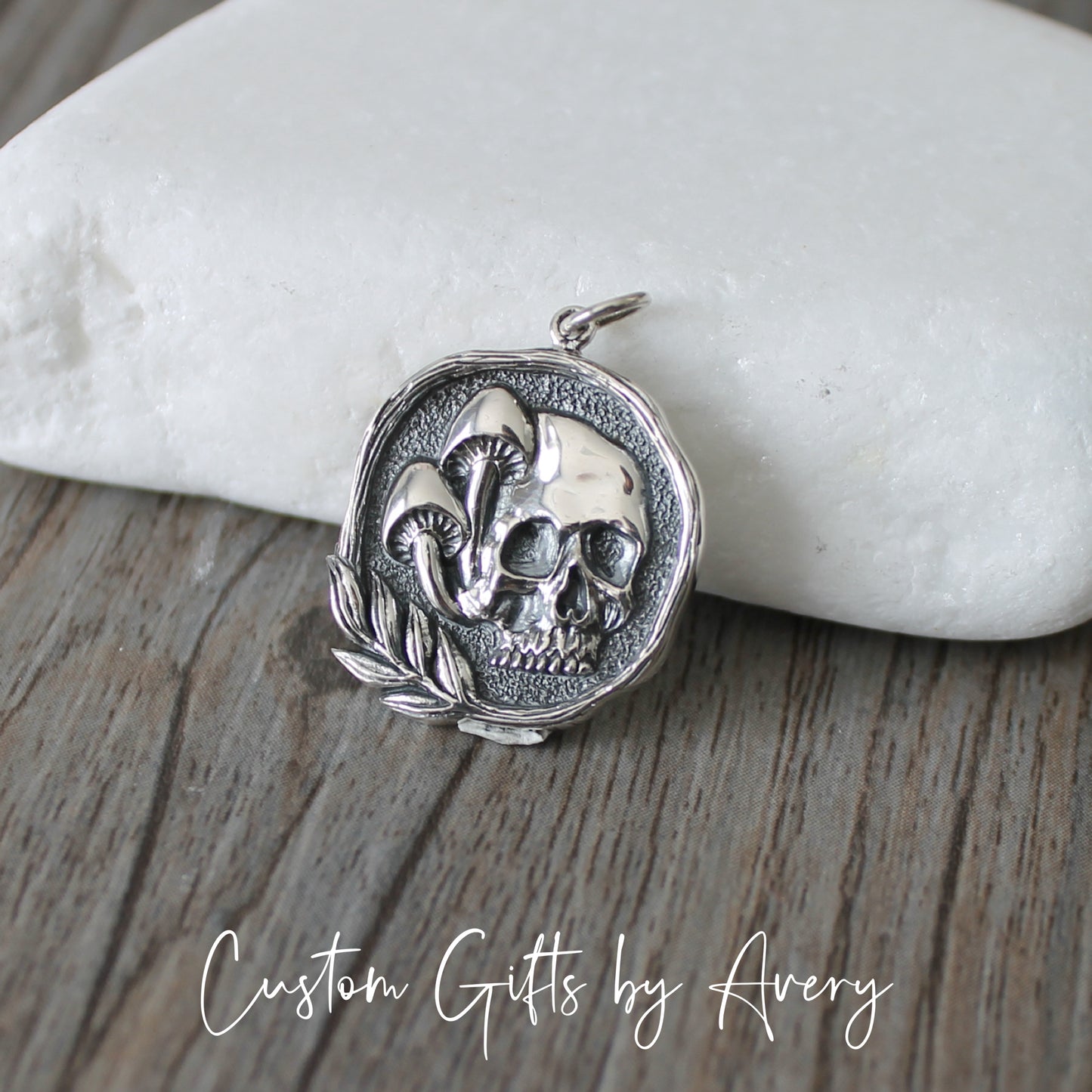 Sterling Silver Skull & Mushrooms Coin Necklace