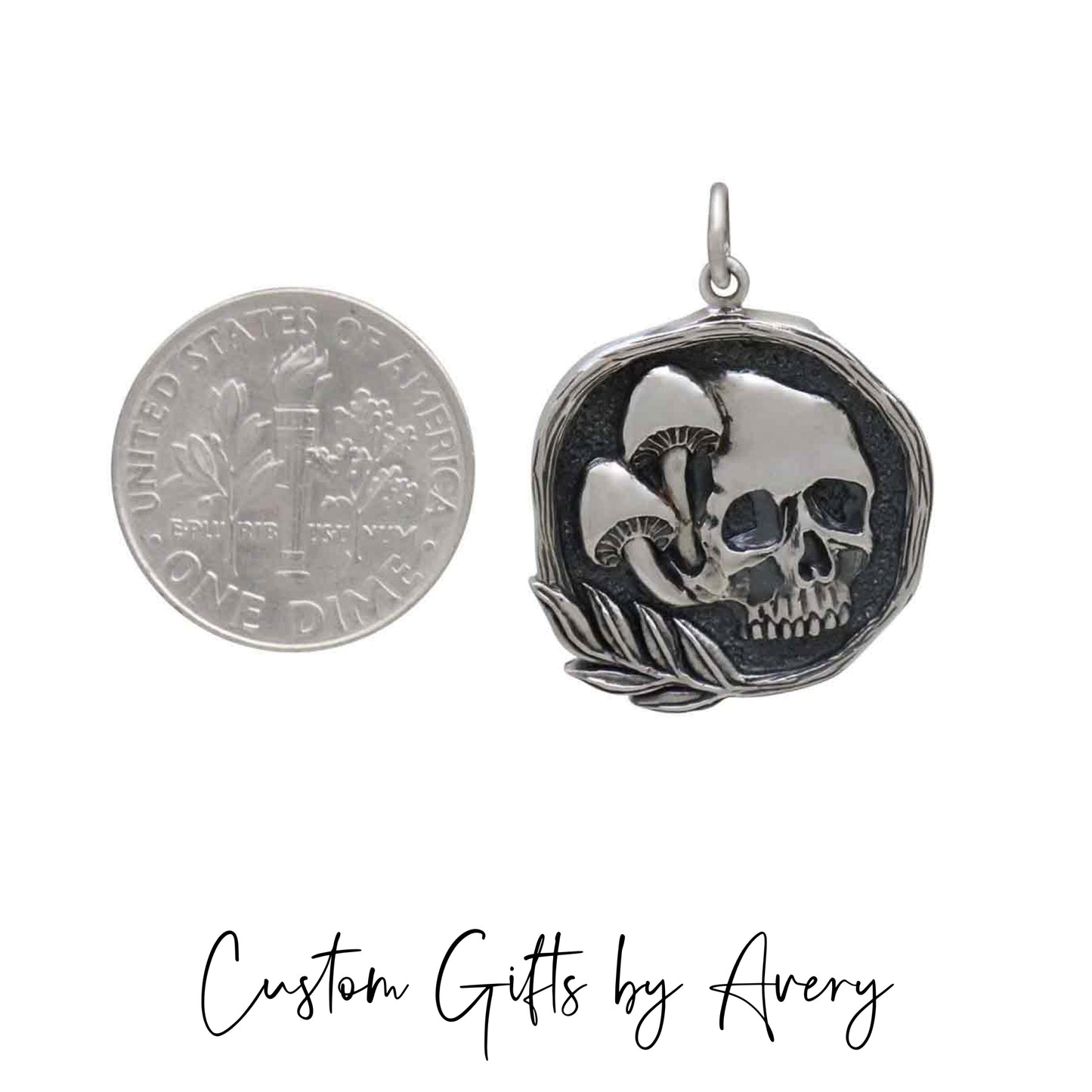 Sterling Silver Skull & Mushrooms Coin Necklace