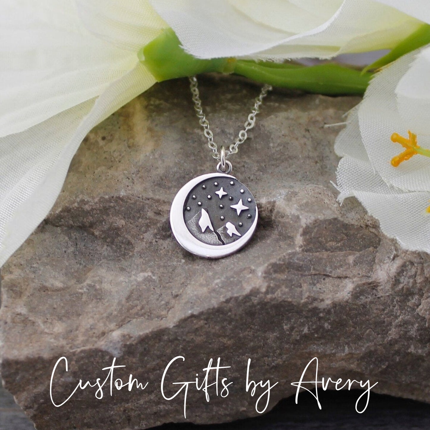 Sterling Silver Mountain & Crescent Moon Necklace