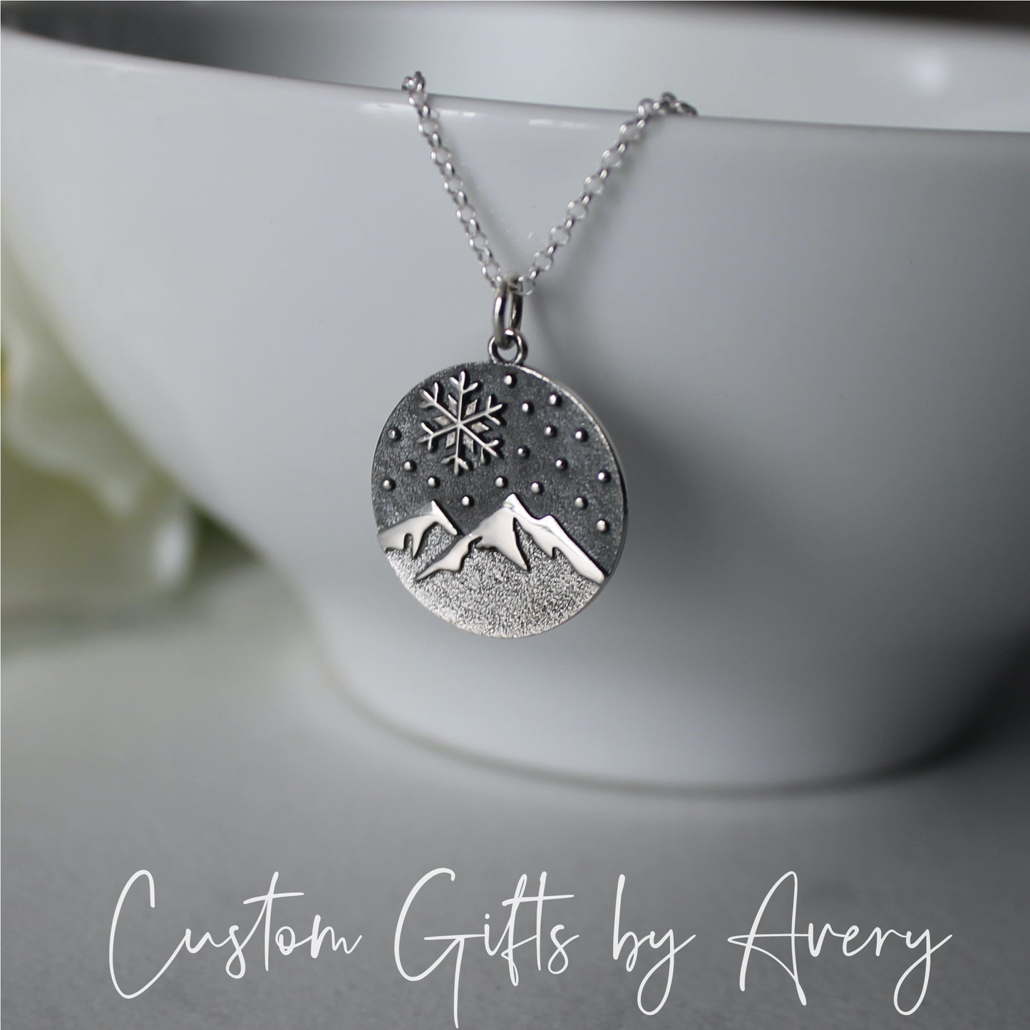 Sterling Silver Snow Capped Mountain & Snowflake Necklace