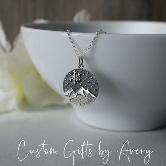 Sterling Silver Snow Capped Mountain & Snowflake Necklace