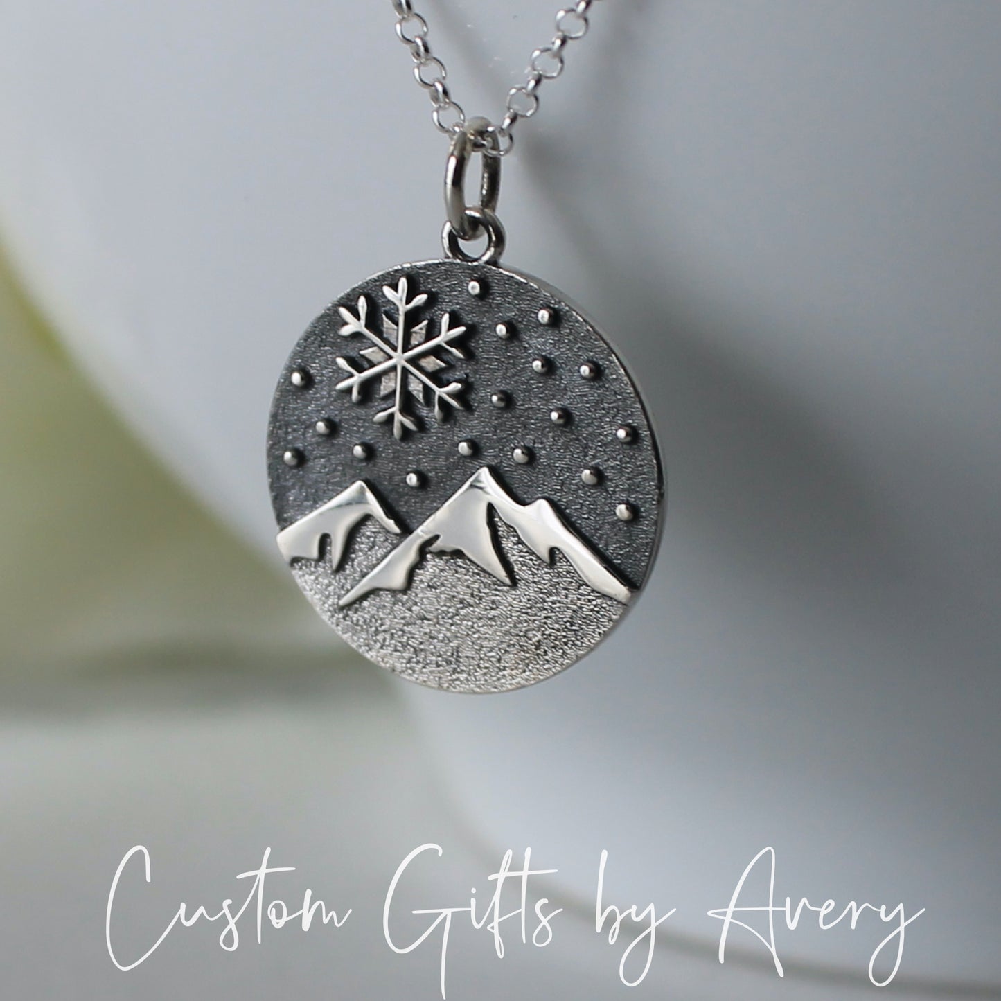 Sterling Silver Snow Capped Mountain & Snowflake Necklace