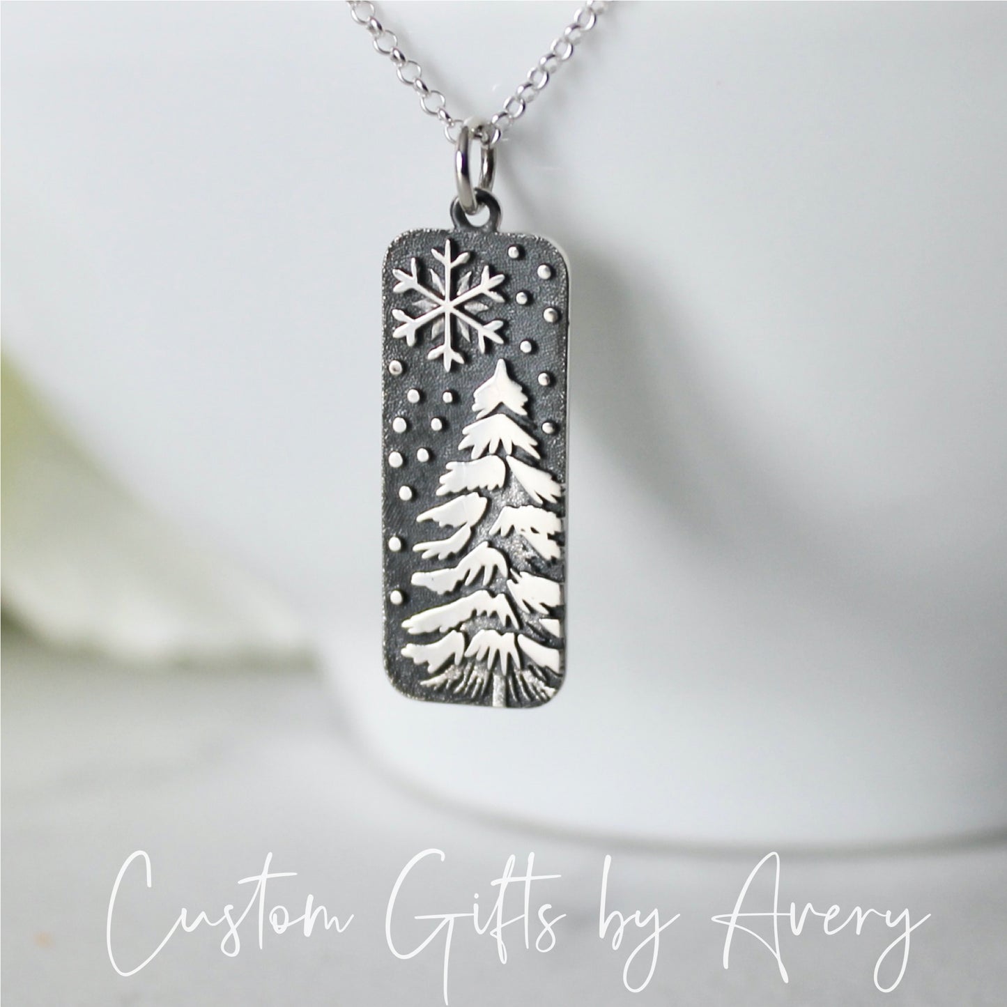 Sterling Silver Winter Pine Tree & Snowflake Necklace