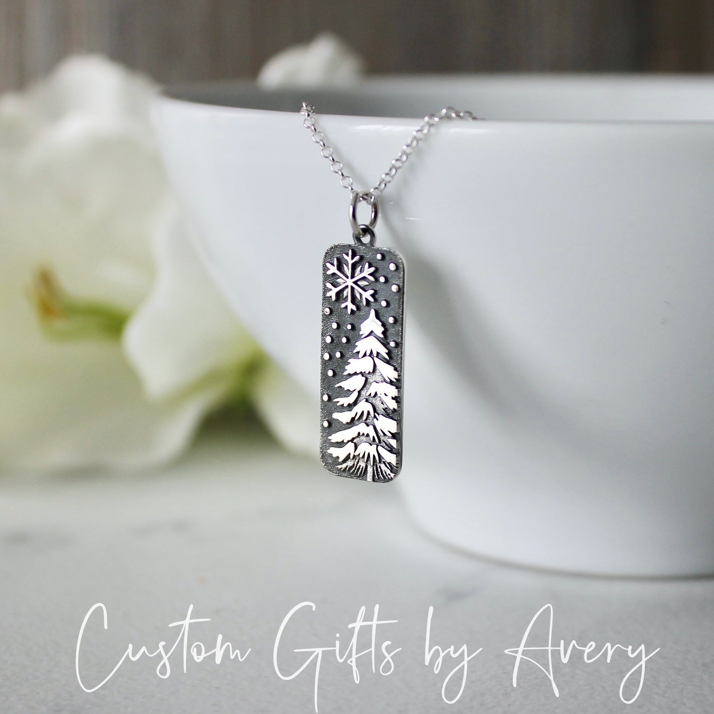 Sterling Silver Winter Pine Tree & Snowflake Necklace