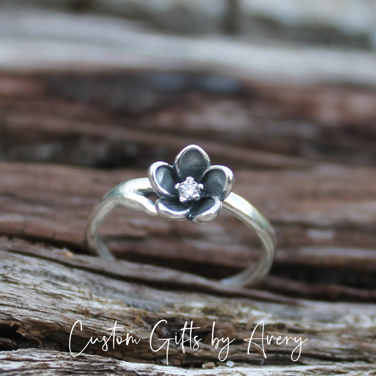 Sterling Silver Flower Blossom with Crystal Ring