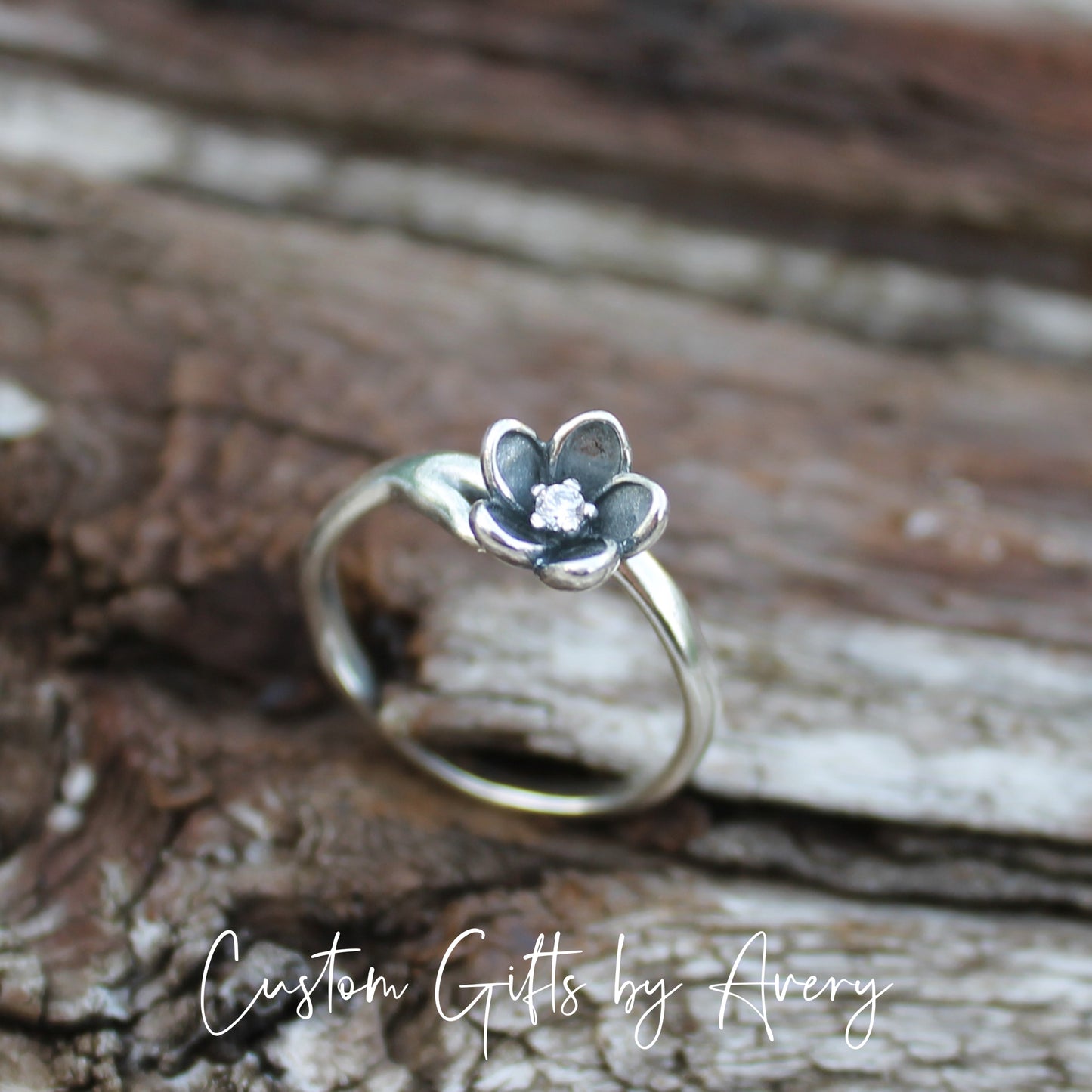 Sterling Silver Flower Blossom with Crystal Ring