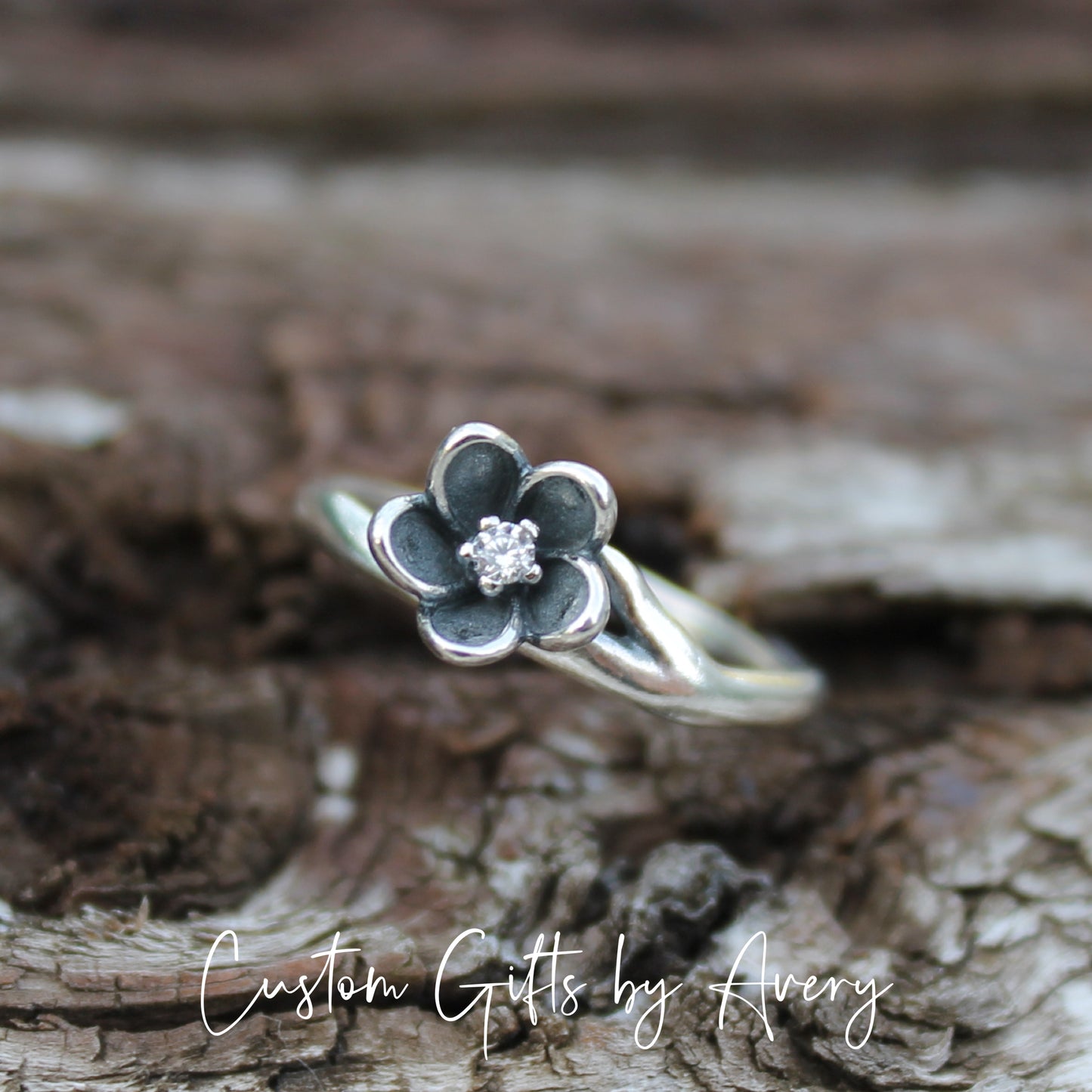 Sterling Silver Flower Blossom with Crystal Ring