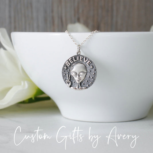 Sterling Silver 'Believe' Alien Necklace