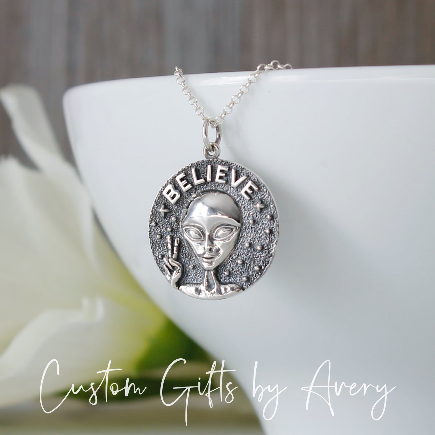 Sterling Silver 'Believe' Alien Necklace