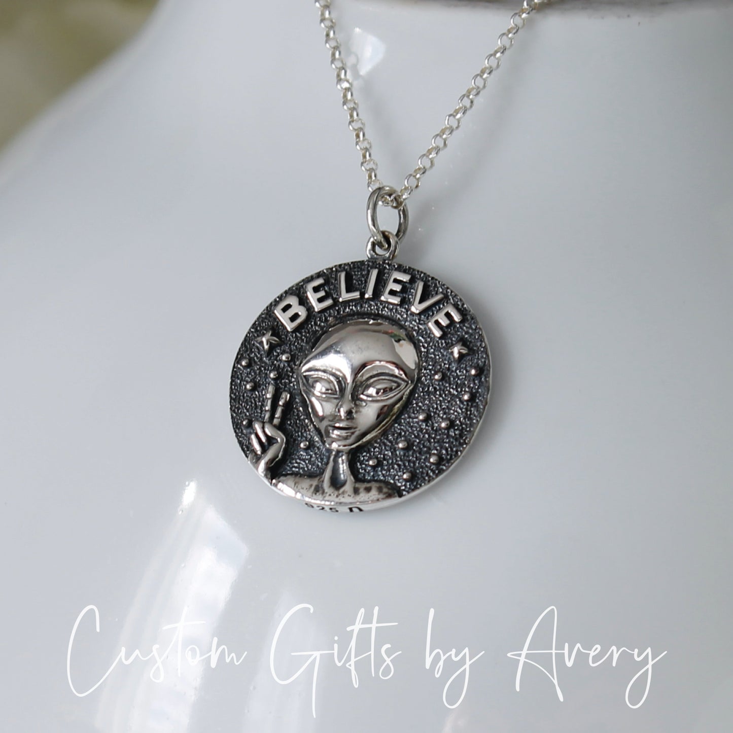 Sterling Silver 'Believe' Alien Necklace