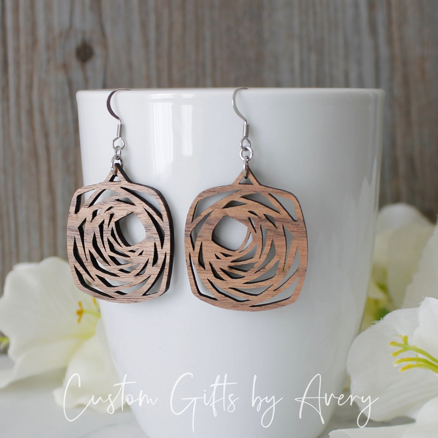 Spiralling Square Geometric Earrings in Walnut Wood