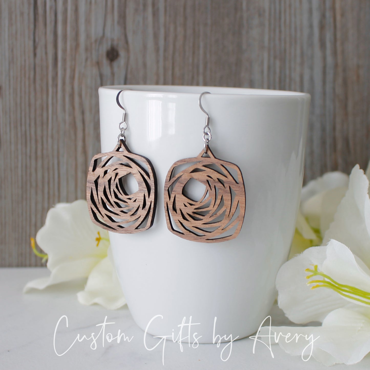 Spiralling Square Geometric Earrings in Walnut Wood