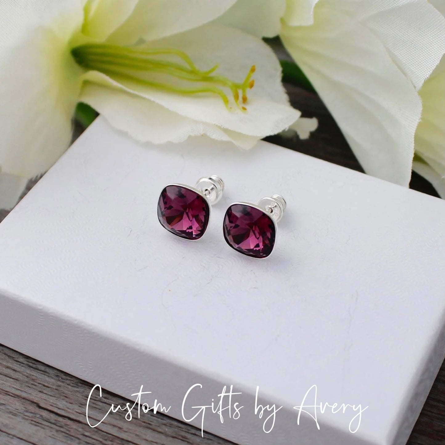 10mm Square Cut Austrian Crystal Studs ~ Amethyst