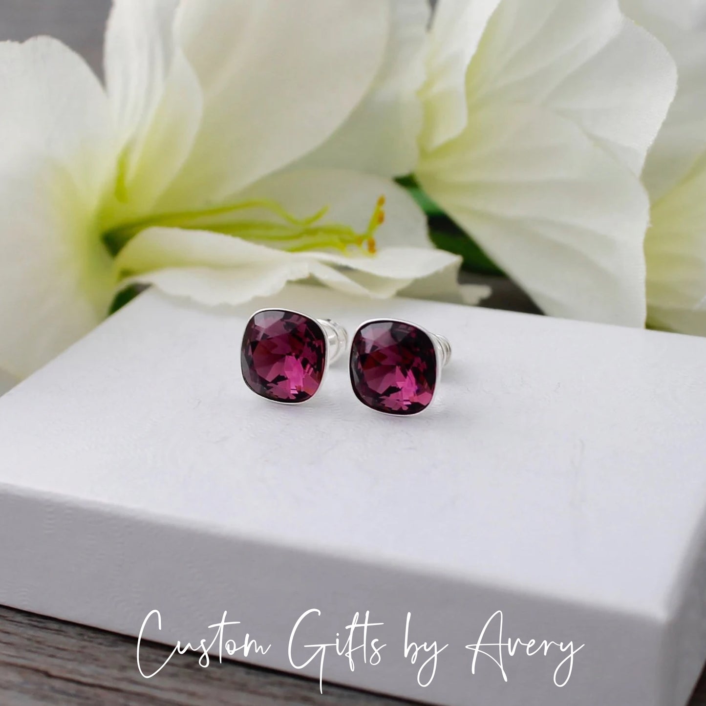 10mm Square Cut Austrian Crystal Studs ~ Amethyst