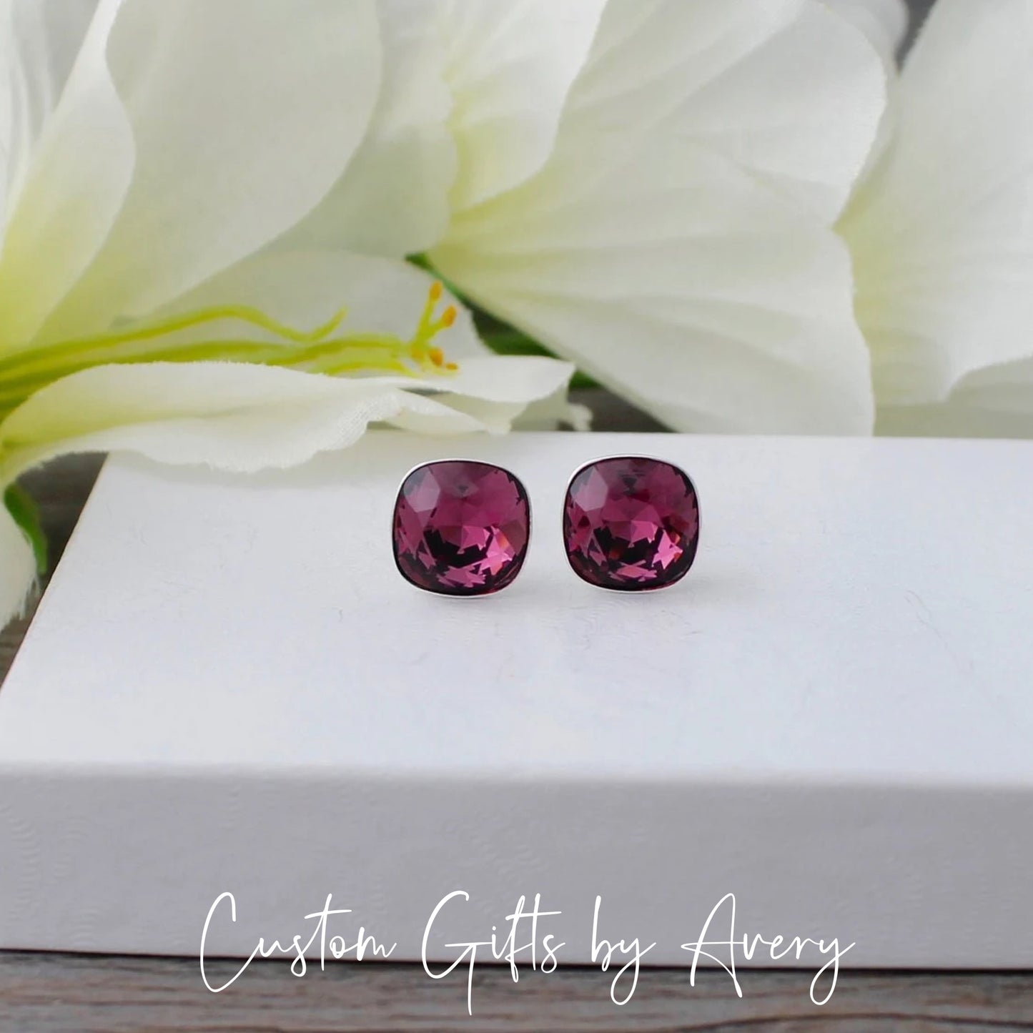 10mm Square Cut Austrian Crystal Studs ~ Amethyst