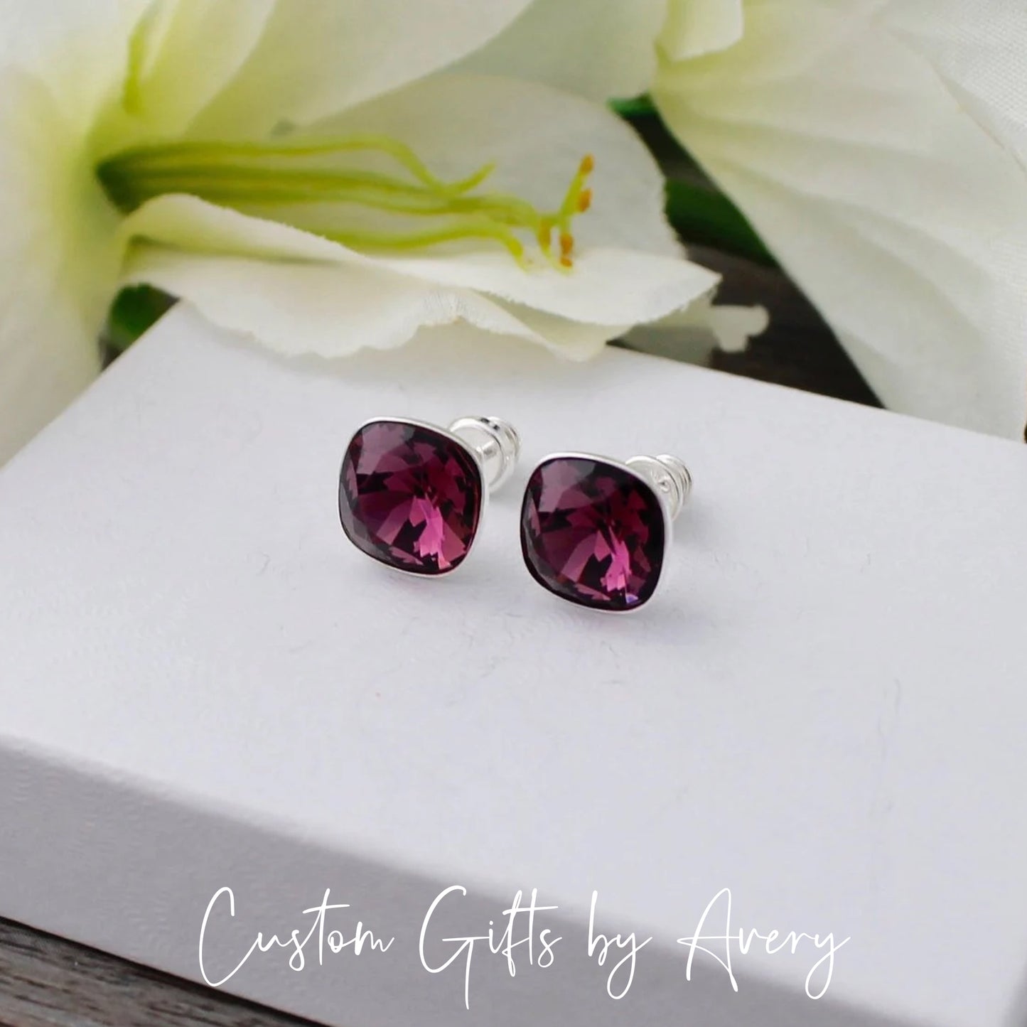 10mm Square Cut Austrian Crystal Studs ~ Amethyst