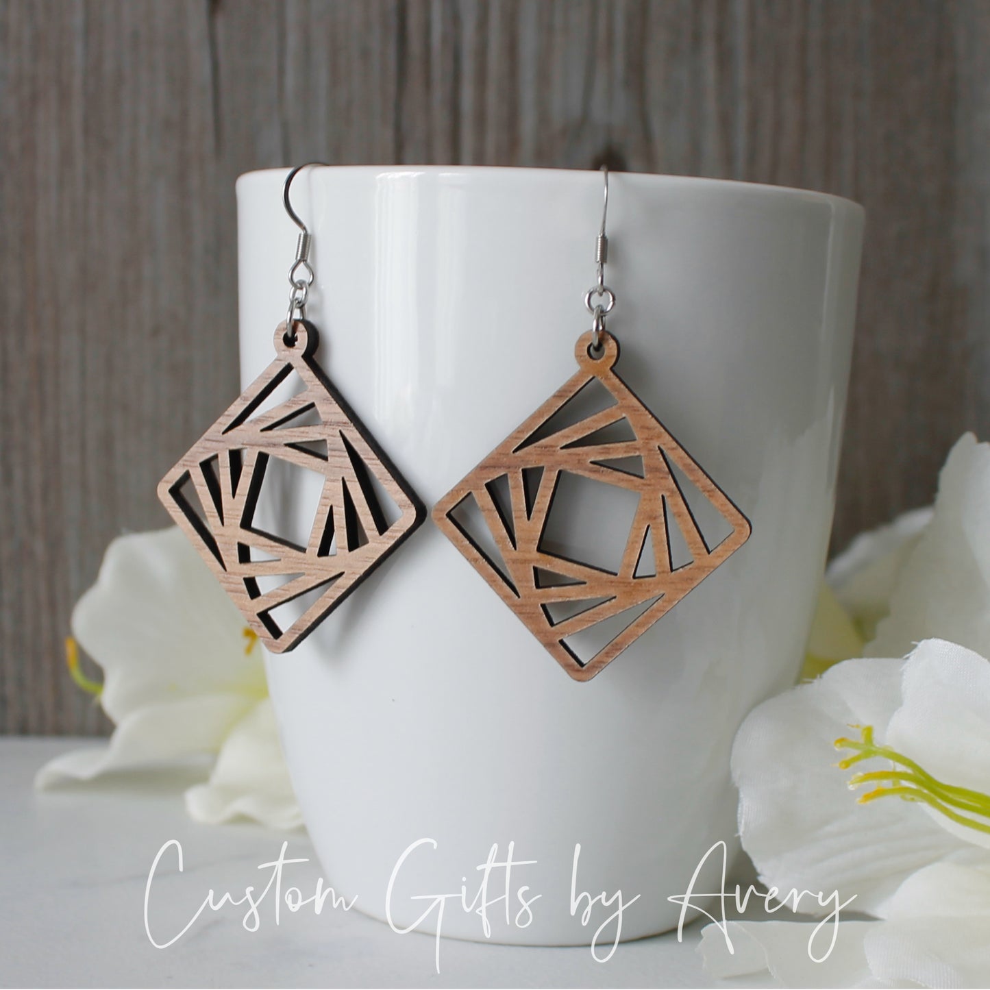 Spiralling Diamond Geometric Earrings in Walnut Wood