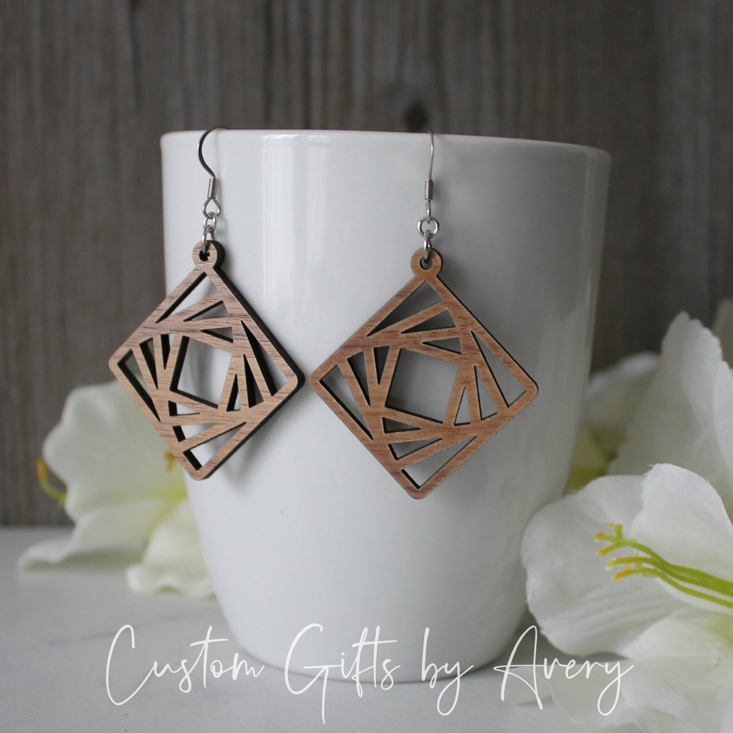 Spiralling Diamond Geometric Earrings in Walnut Wood