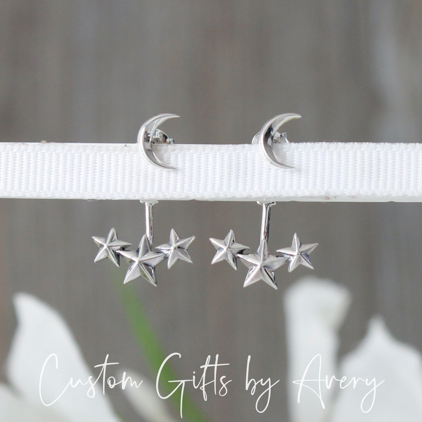 Sterling Silver Crescent Moon and Stars Ear Jacket Earrings