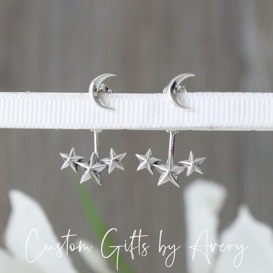 Sterling Silver Crescent Moon and Stars Ear Jacket Earrings