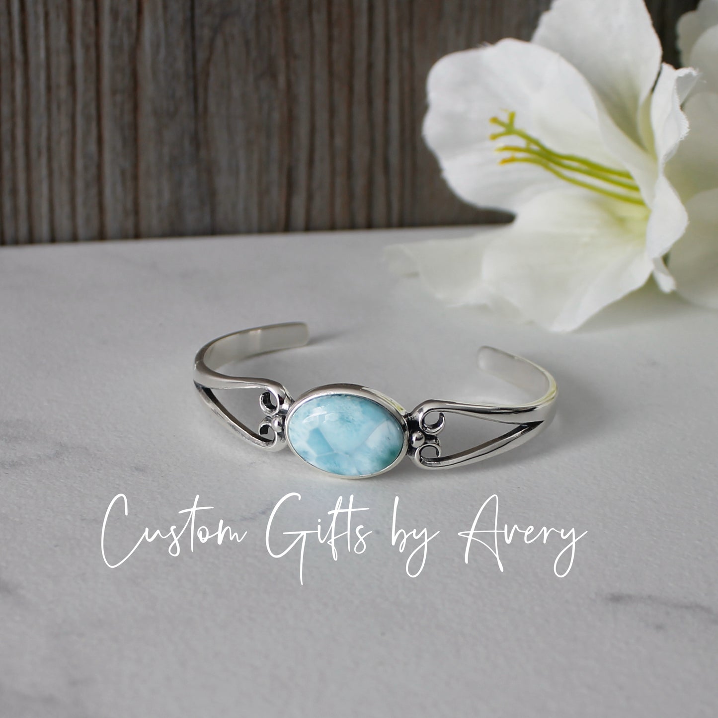 Solid Sterling Silver & Dominican Larimar Adjustable Cuff Bracelet