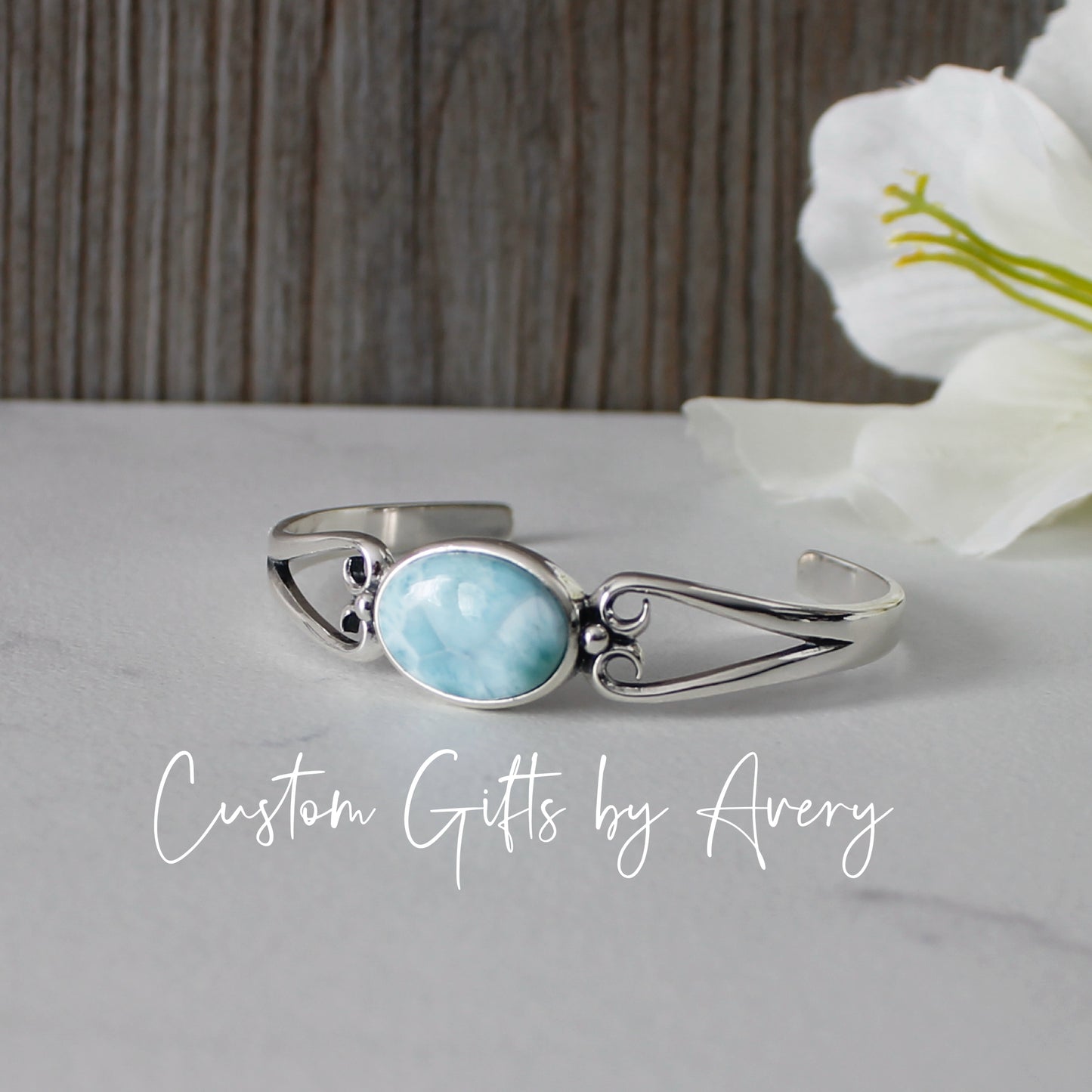 Solid Sterling Silver & Dominican Larimar Adjustable Cuff Bracelet