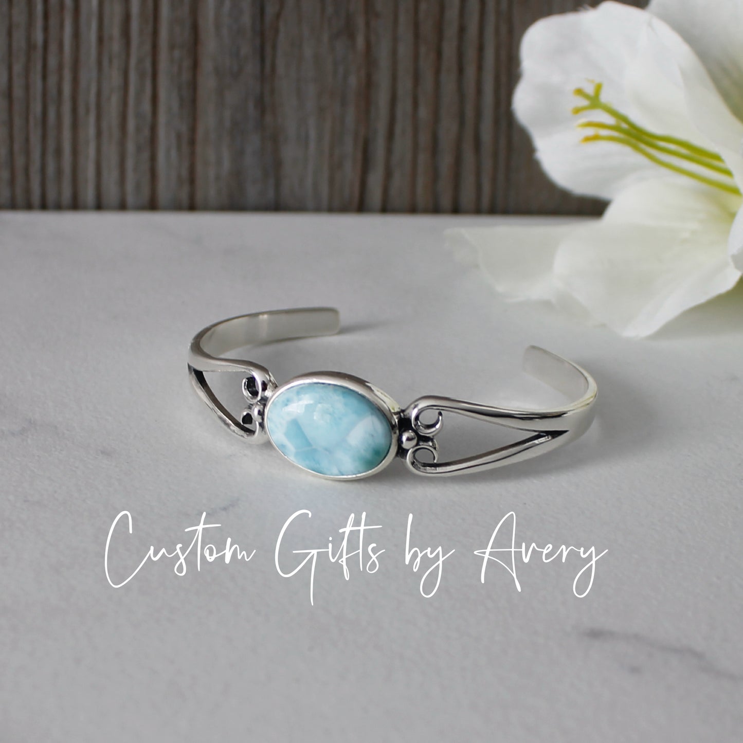 Solid Sterling Silver & Dominican Larimar Adjustable Cuff Bracelet