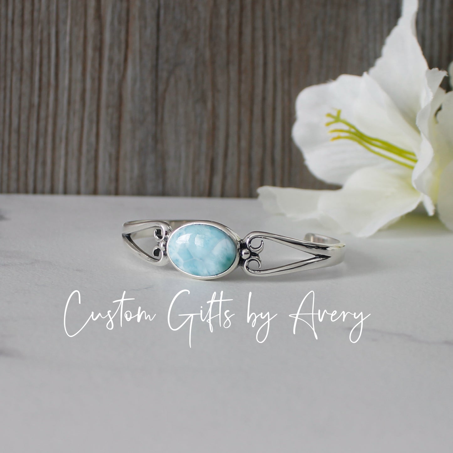 Solid Sterling Silver & Dominican Larimar Adjustable Cuff Bracelet