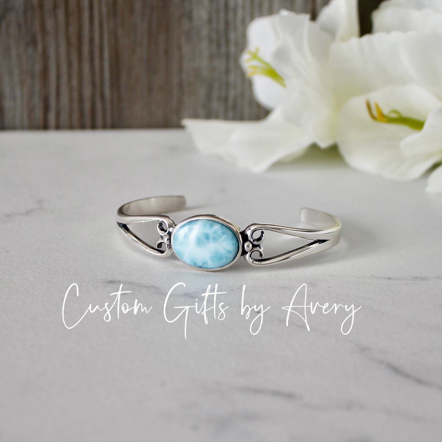 Solid Sterling Silver & Dominican Larimar Adjustable Cuff Bracelet