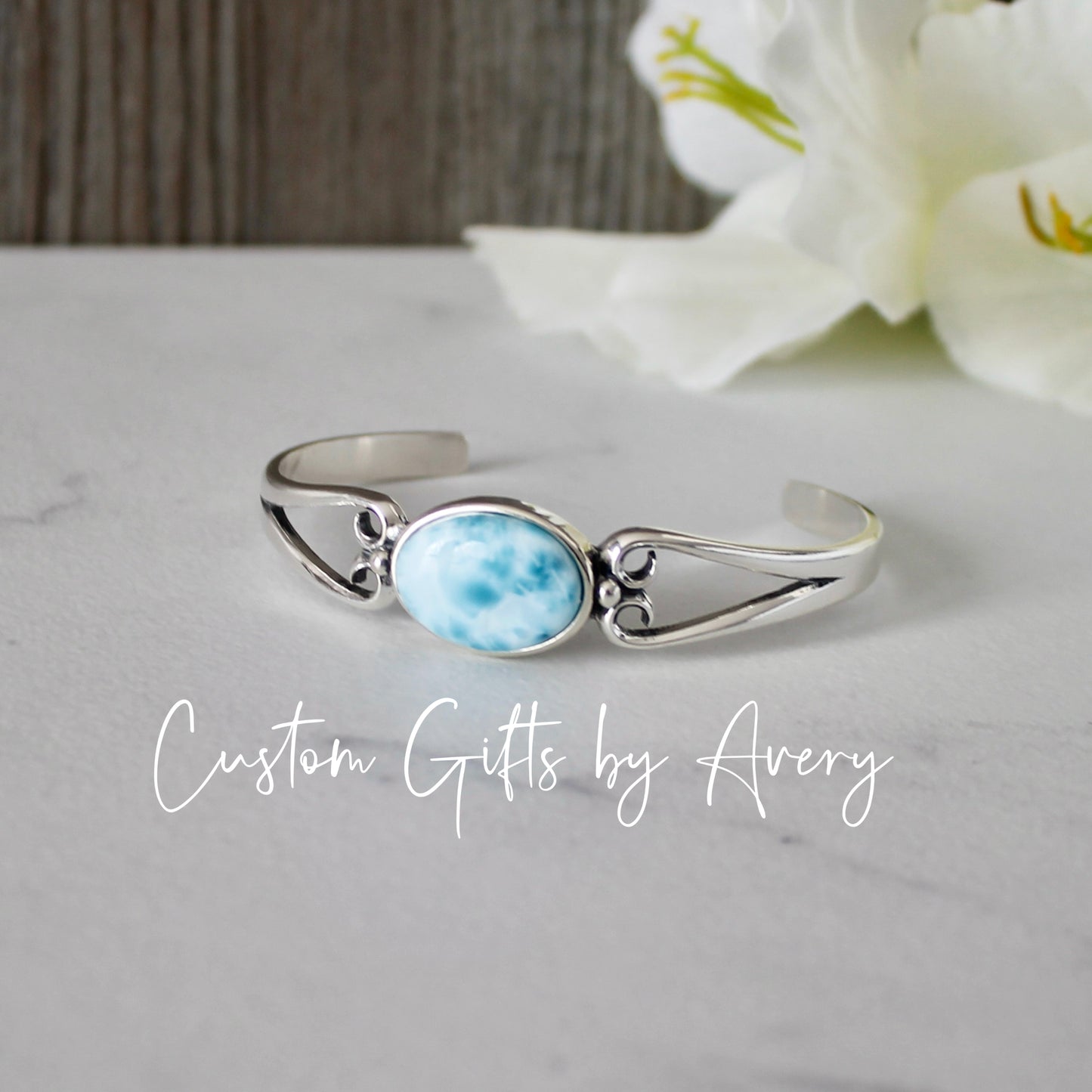 Solid Sterling Silver & Dominican Larimar Adjustable Cuff Bracelet