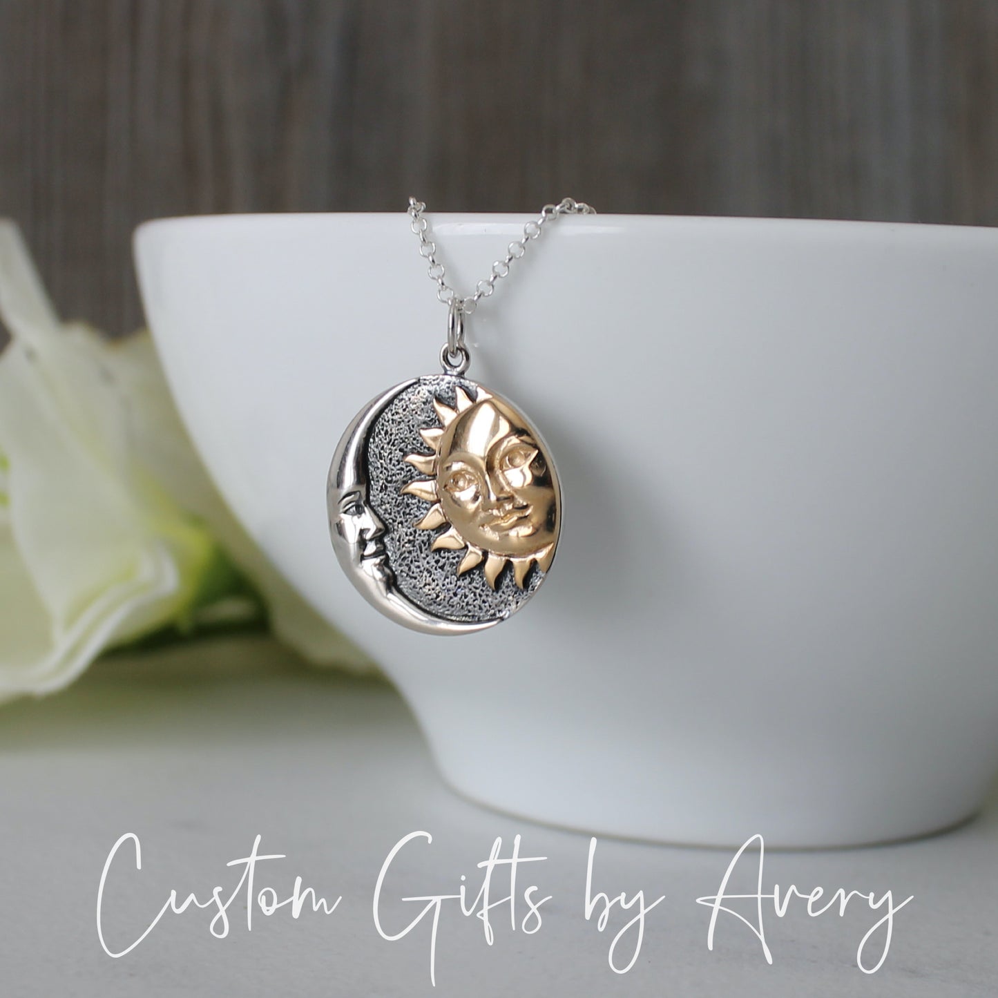 Sterling Silver & Bronze Sun and Moon Face Necklace