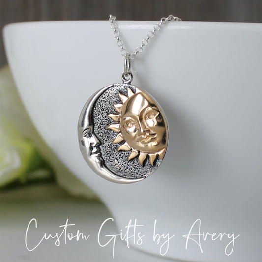 Sterling Silver & Bronze Sun and Moon Face Necklace