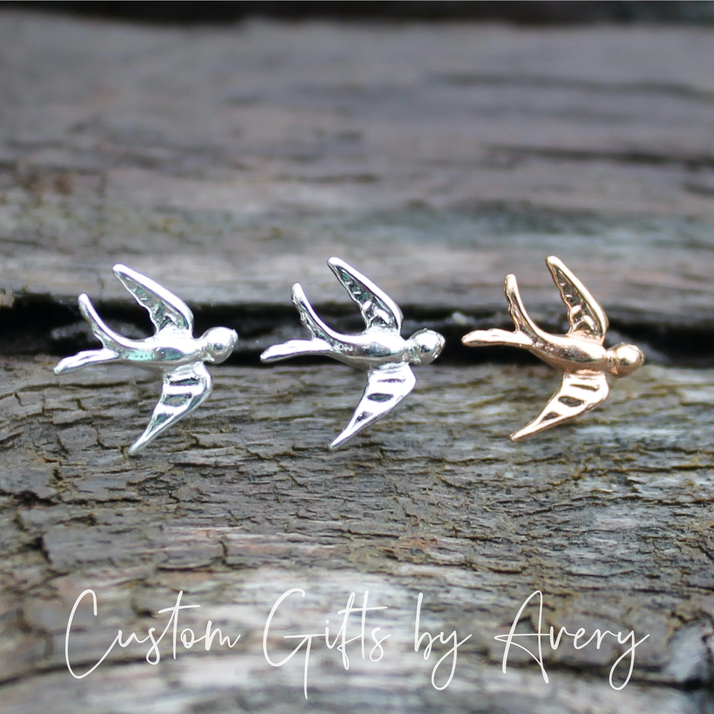 Tiny Swallow Studs in Sterling Silver or Rose Gold