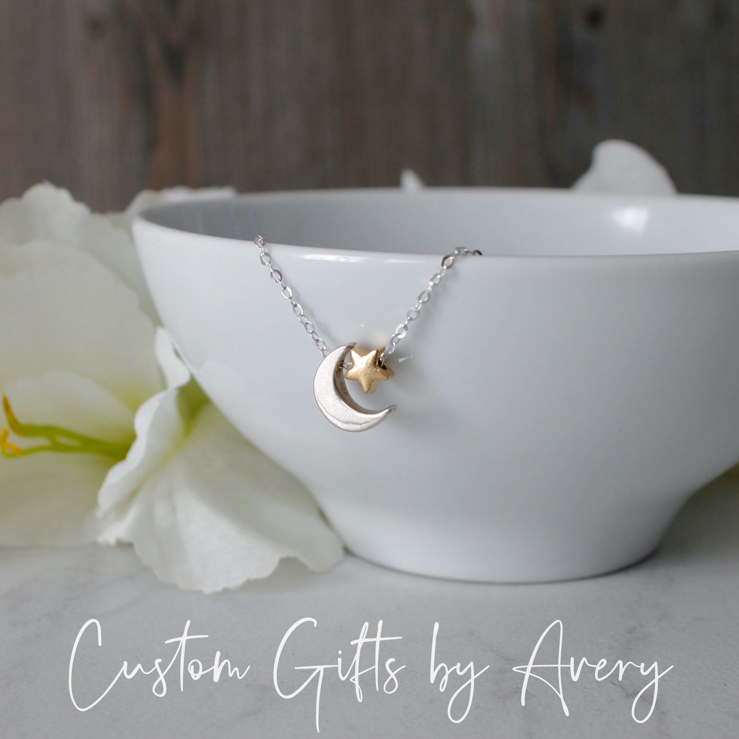 Sterling Silver Crescent Moon and Tiny Gold Star Necklace