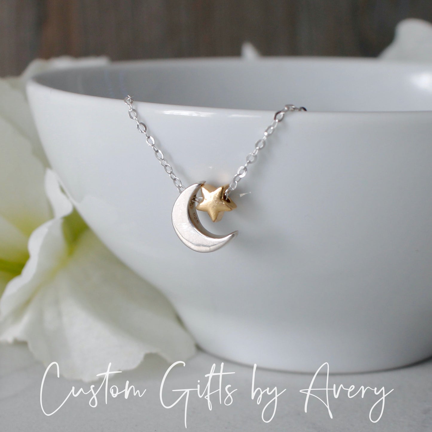 Sterling Silver Crescent Moon and Tiny Gold Star Necklace