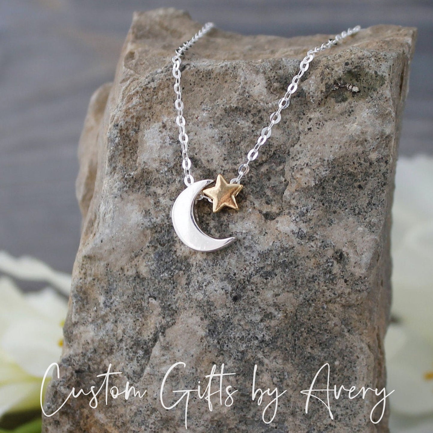 Sterling Silver Crescent Moon and Tiny Gold Star Necklace