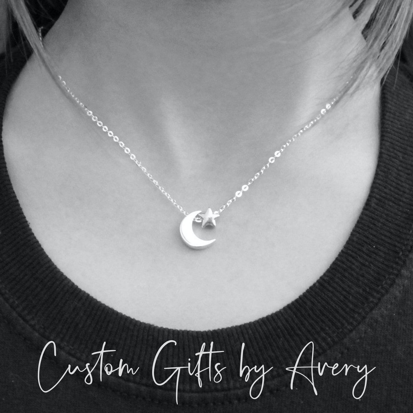 Sterling Silver Crescent Moon and Tiny Gold Star Necklace