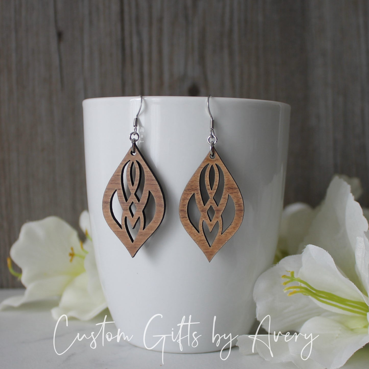 Teardrop Mandala Earrings in Walnut Wood