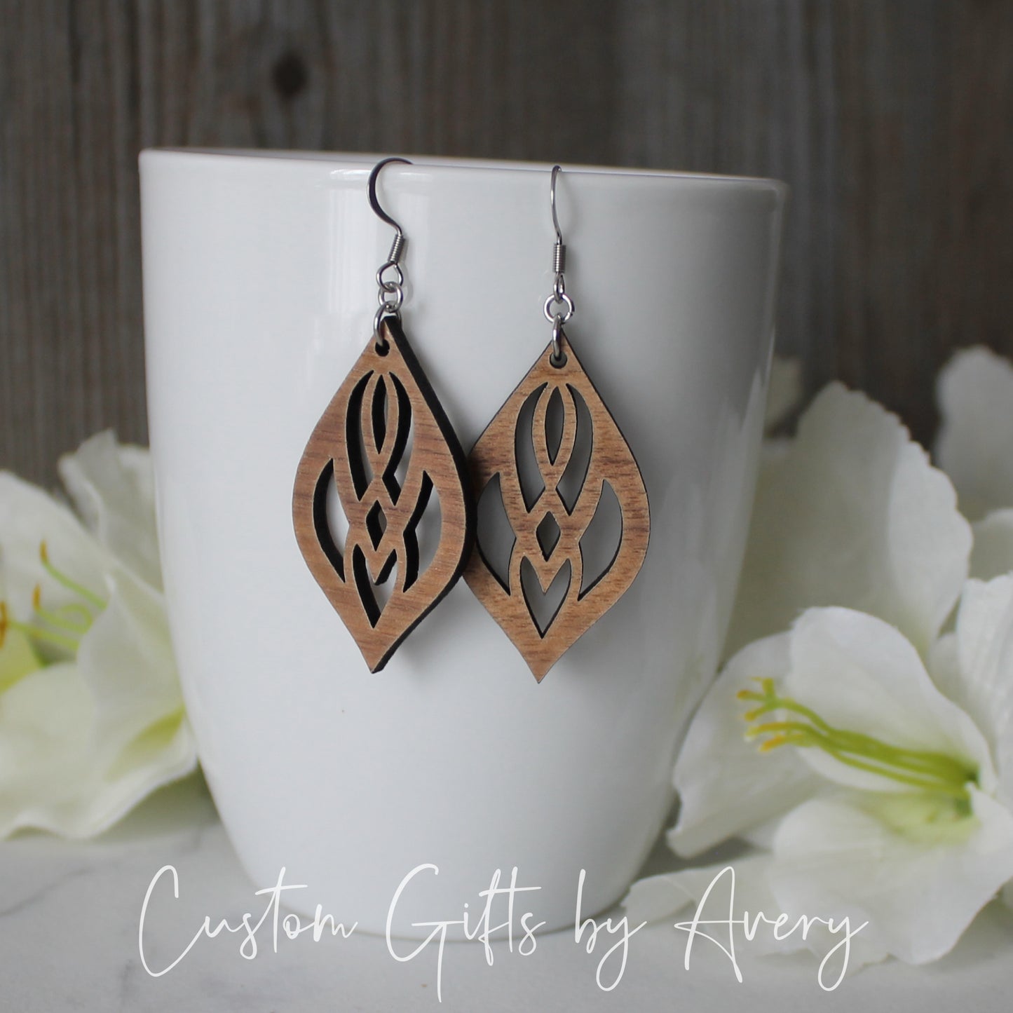 Teardrop Mandala Earrings in Walnut Wood