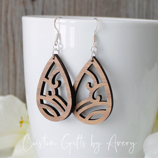 Teardrop Swirl Cut Out Earrings in Walnut Wood