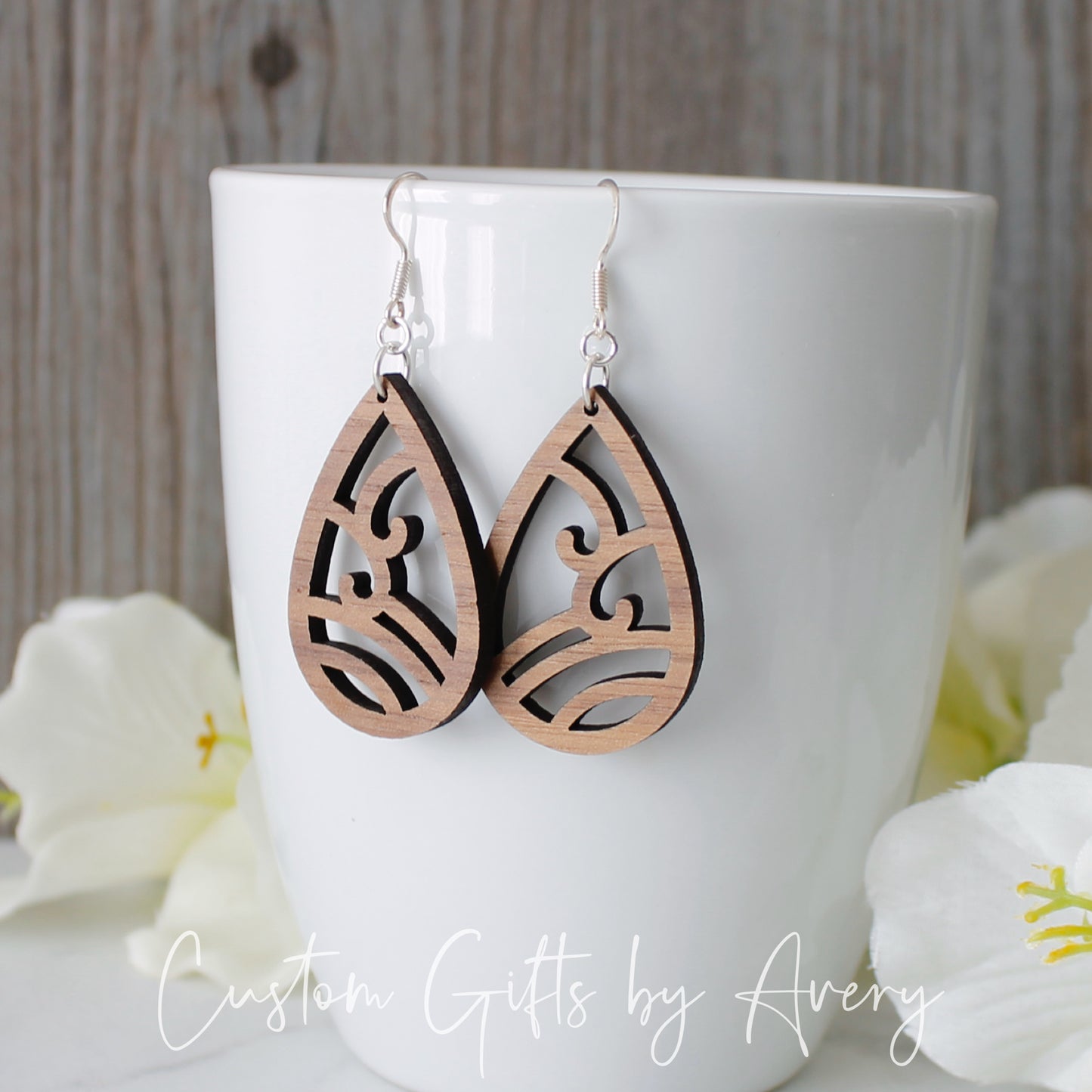 Teardrop Swirl Cut Out Earrings in Walnut Wood