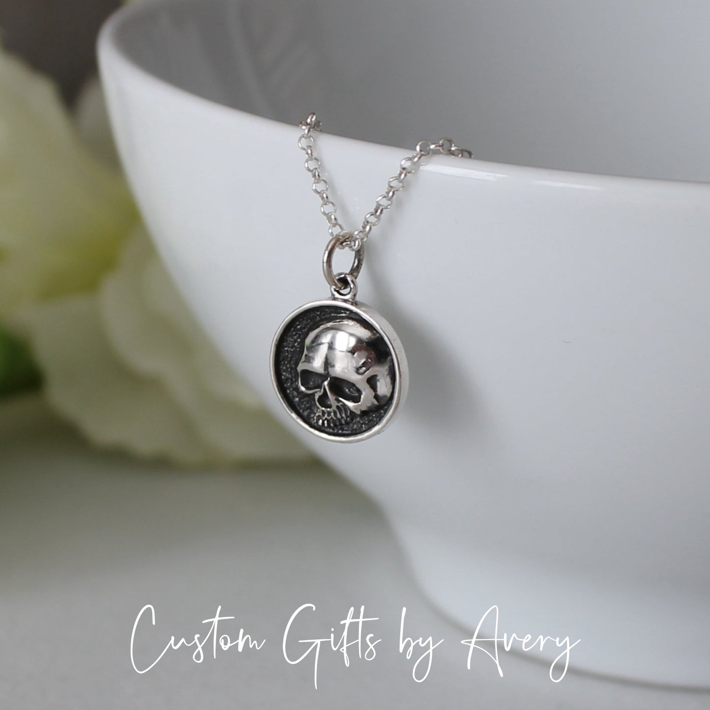 Tiny Sterling Silver Skull Coin Necklace